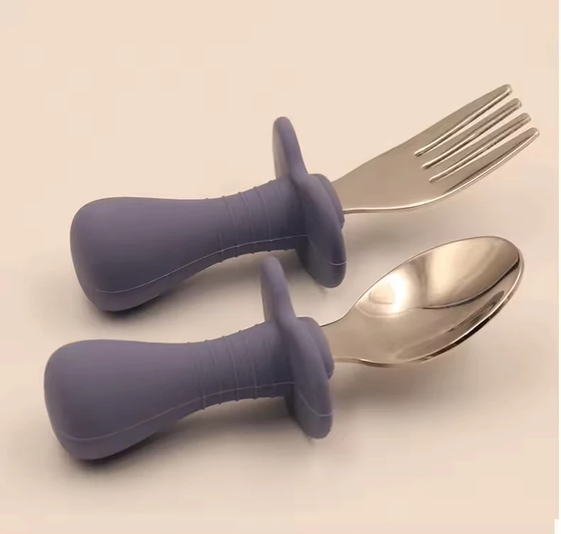 2024 Hot Sale Stainless Steel 304 And 316 Baby Spoon With Silicone Handle Baby Tableware Spoon And Fork Gift SiliconeFor Kids