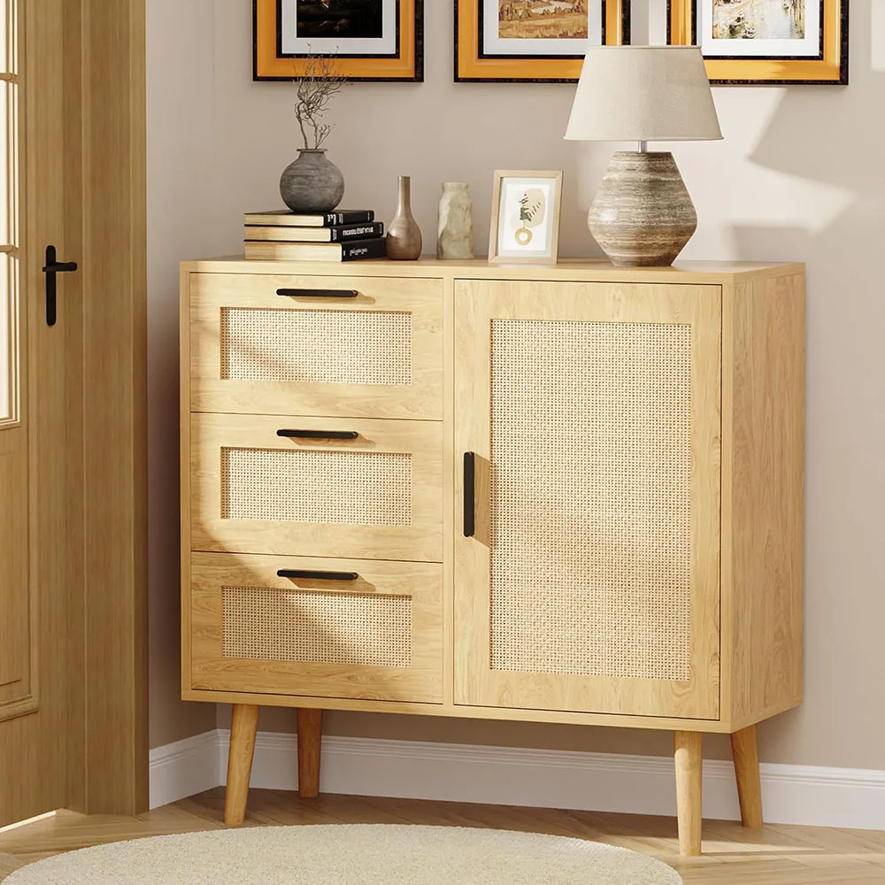 Rattan Sideboard & Wooden Cabinet with 3 Drawers & Door Space-Saving Storage for Living Room manufacture