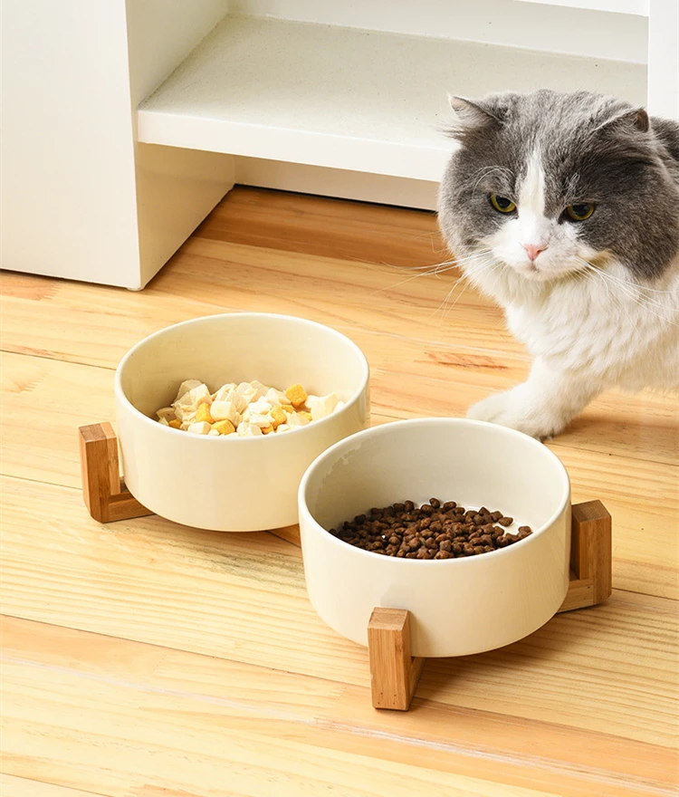Wholesale Pet Cat Dog Ceramic Food Bowl With Raised Wooden Frame Multiple Colors Pet Feeder Ceramic Bowl