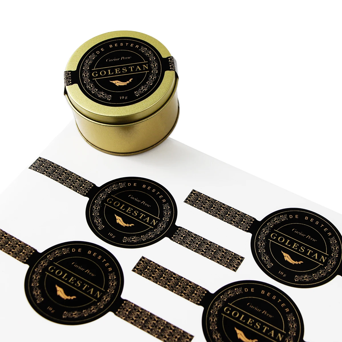 Custom adhesive label LOGO sticker gold foil waterproof caviar perse jar tin cap seal hot stamping packaging labels