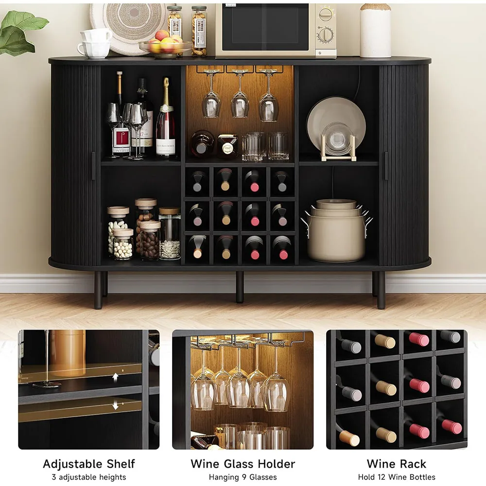 55" Wood Wine Bar Cabinet LED Light Modern Liquor Whiskey Rack Farmhouse Buffet Sideboard Storage for Living Room/Kitchen supplier