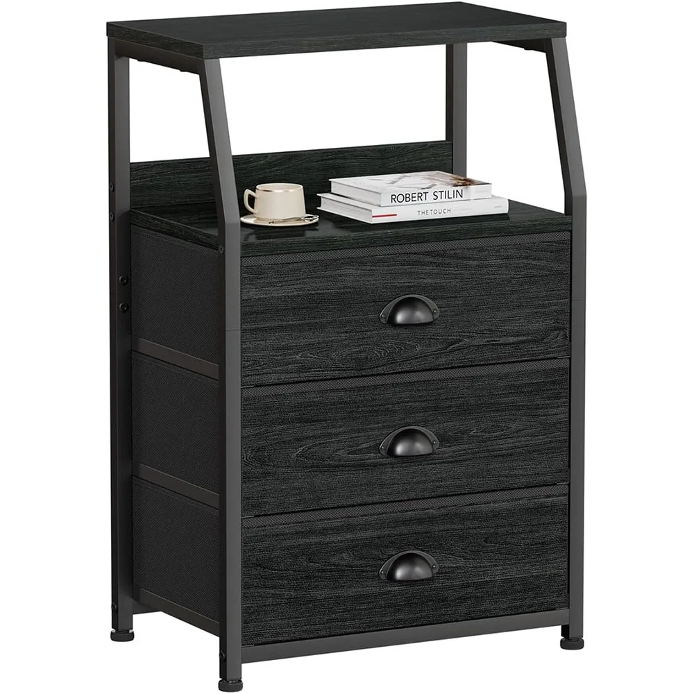 Black Bedside Table Nightstand with 3 Fabric Storage Drawers and 2-Tier Shelf manufacture