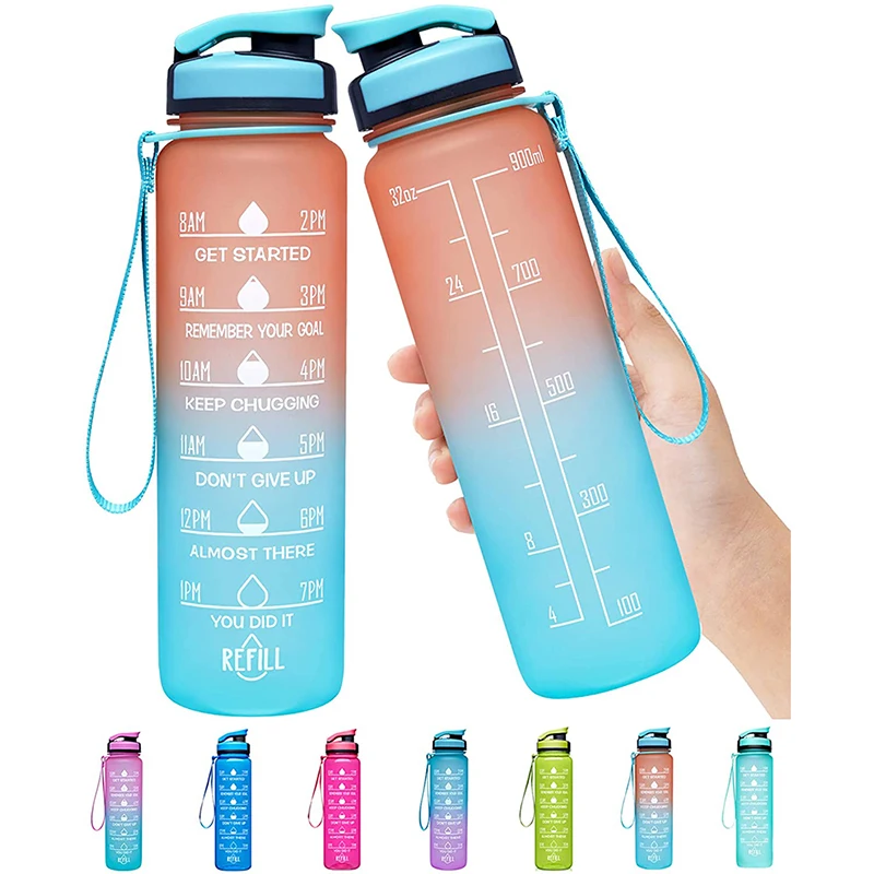 32oz Water Bottle with Time Marker BPA-Free Gradient Matte Material Dual Lock 