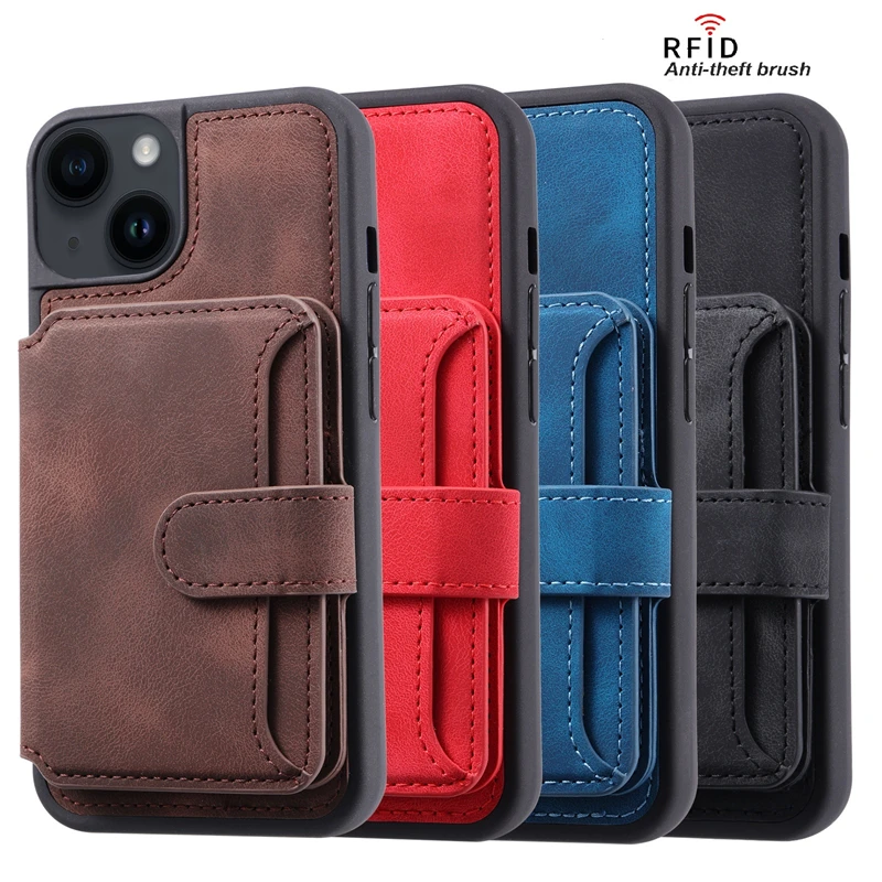 Good Quality Wallet Prevent Degaussing Anti-theft Brush 6 Cards PU Leather Phone Case for iPhone 15