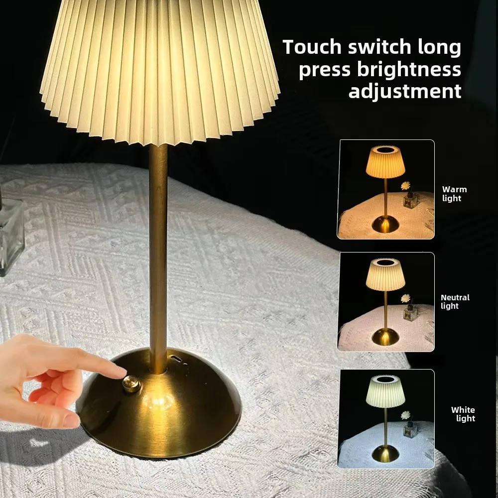 Modern Minimalist Rechargeable Touch Night Light Pleated Fabric Metal Bedside Atmosphere Lamp 5V Battery Cross-Border Table Lamp