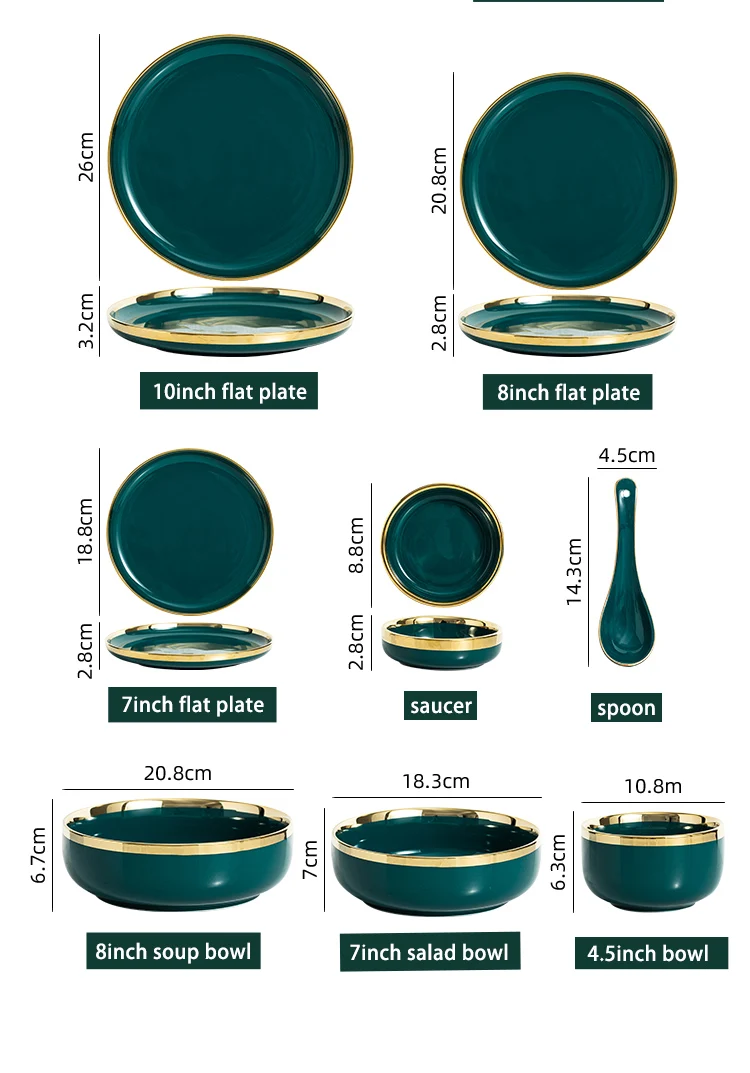Ceramic Dinner Plates Dinnerware Set Dishes Luxury Green Food Salad Soup Bowl Plate And Bowls