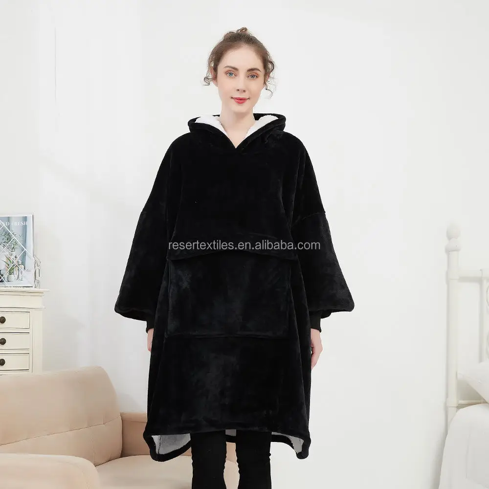 Custom Solid Giant Pocket Unisex Quilted Character Hooded Sherpa Wearable Blanket Sweatshirt Oversized Hoodie Zip-up Coat Adults