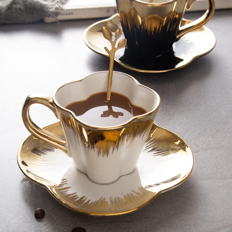 Gold rim gold handle hot Nordic ceramic petals coffee mug cup new trend flower shape tea couple cups and saucer set