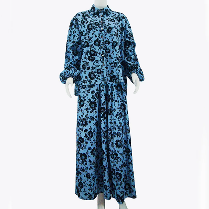 Muslim Casual Loose 2 Piece Set for Women Lantern Sleeve Tunic Bandage Top and High Waist Printed Pleated Dress Set details