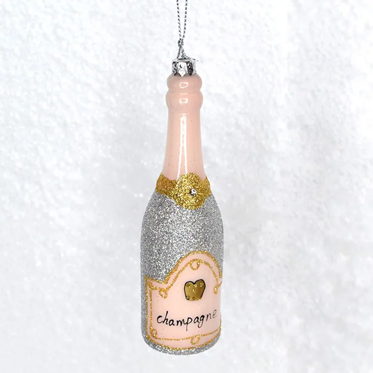 Custom glitter decal hand blown glass champagne bottle christmas tree hanging baubles ornaments xmas decoration gift craft ideas supplier