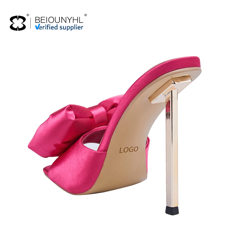 2024 Custom Plus Size Sexy Women Shoes Slippers Sandals Fashion Comfortable Bow-knot Square Toe Summer Metal High Heels Sandals