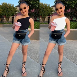 Hot new summer baby girls solid one-shoulder vest crop tank top sexy clothes for kids casual halter tops