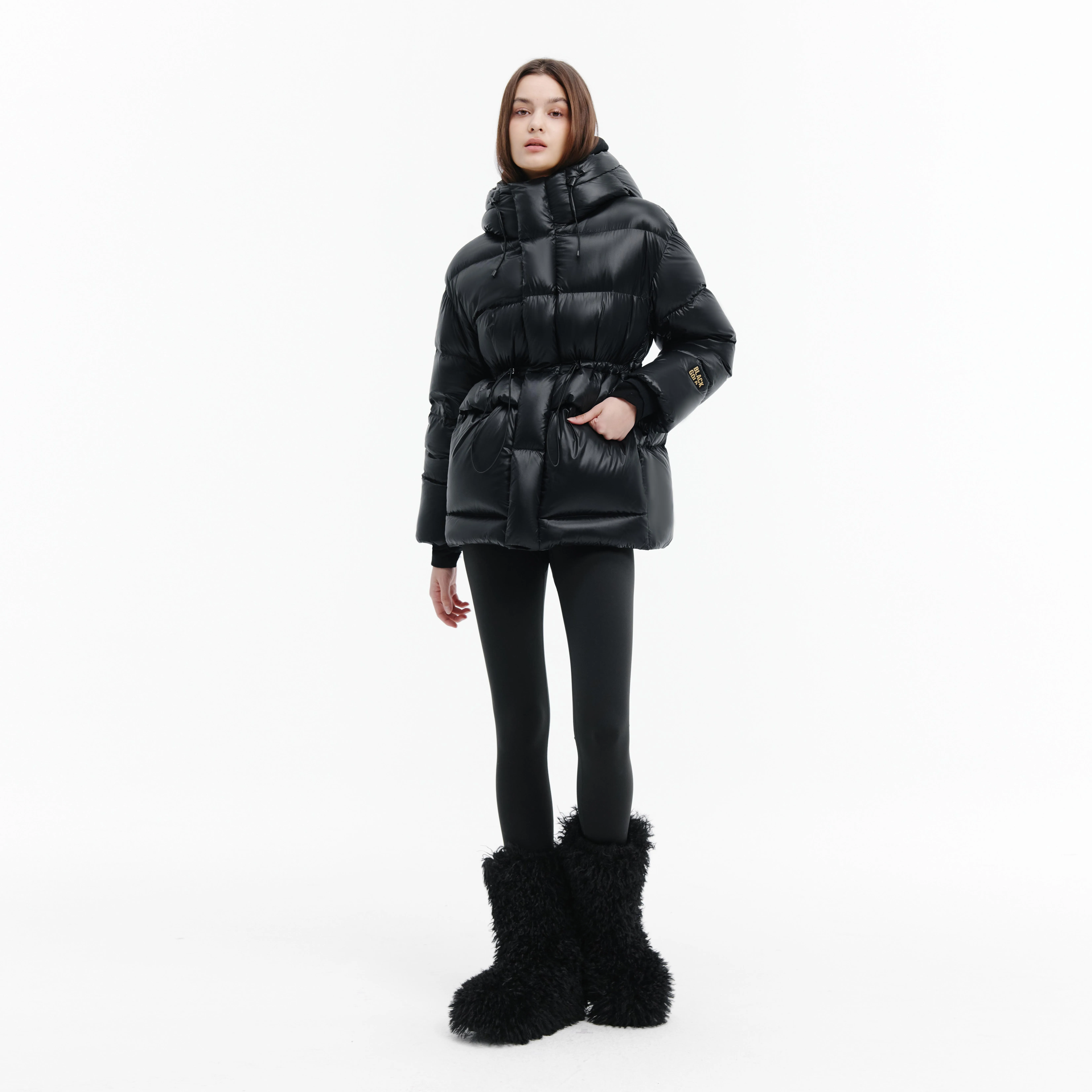 Women's Down Jacket Stand-up Collar Hooded Windproof Zipper Woven Loose for Winter Professional Supply High End Black Canvas
