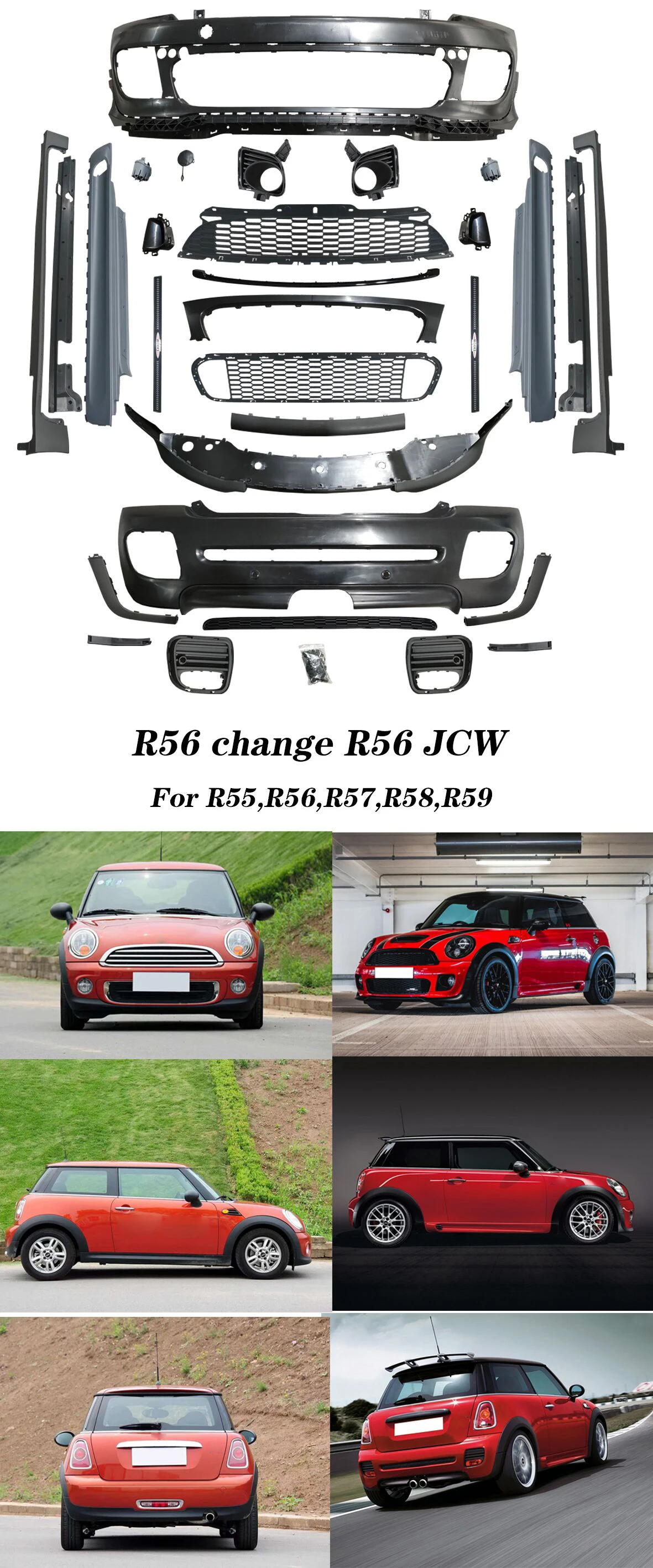 product front bumper rear bumper set body kits for bmw mini cooper clubman r55 r56 r57 upgrade to jcw style body kit 2007 2014974-4