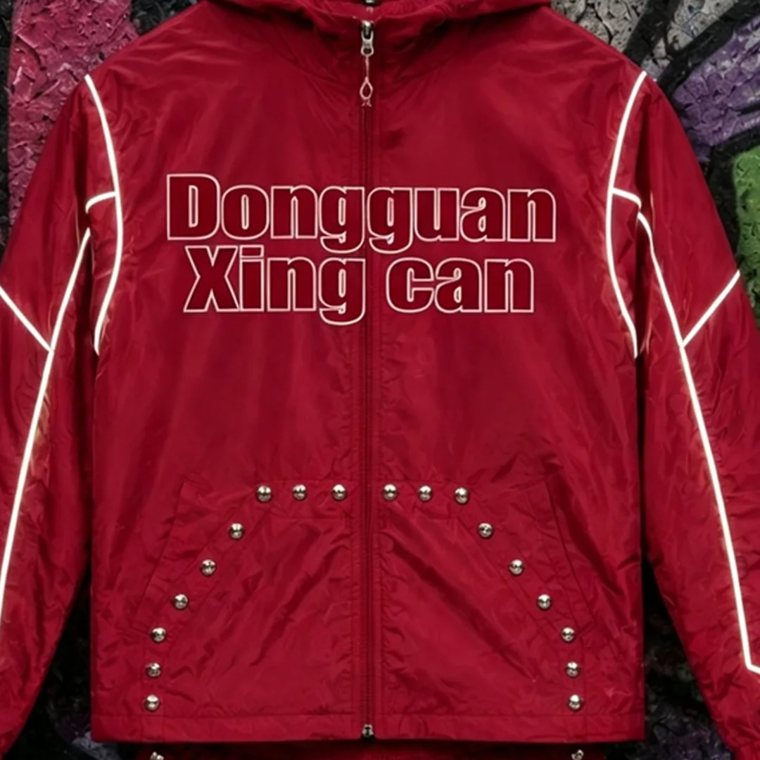 product custom streetwear nylon rivet tracksuit men full zip hooded windproof jacket screen printing matching shorts two piece set xxl-4