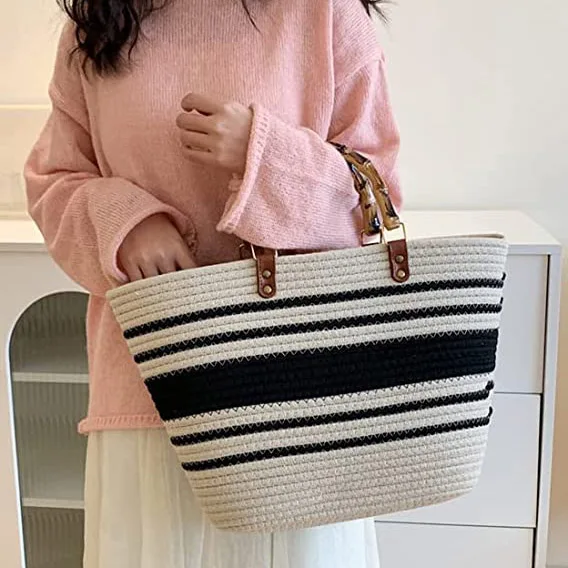fashion cotton Bag for Women Retro Beach Bag Tote Bag Woven Rope Bamboo Handle for Travel Summer Vacation Beach 2023