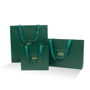 Yiwu Designer Foil Hot Stamping Small Medium Large Green Printed Custom shopping Gift Paper Bag with logo