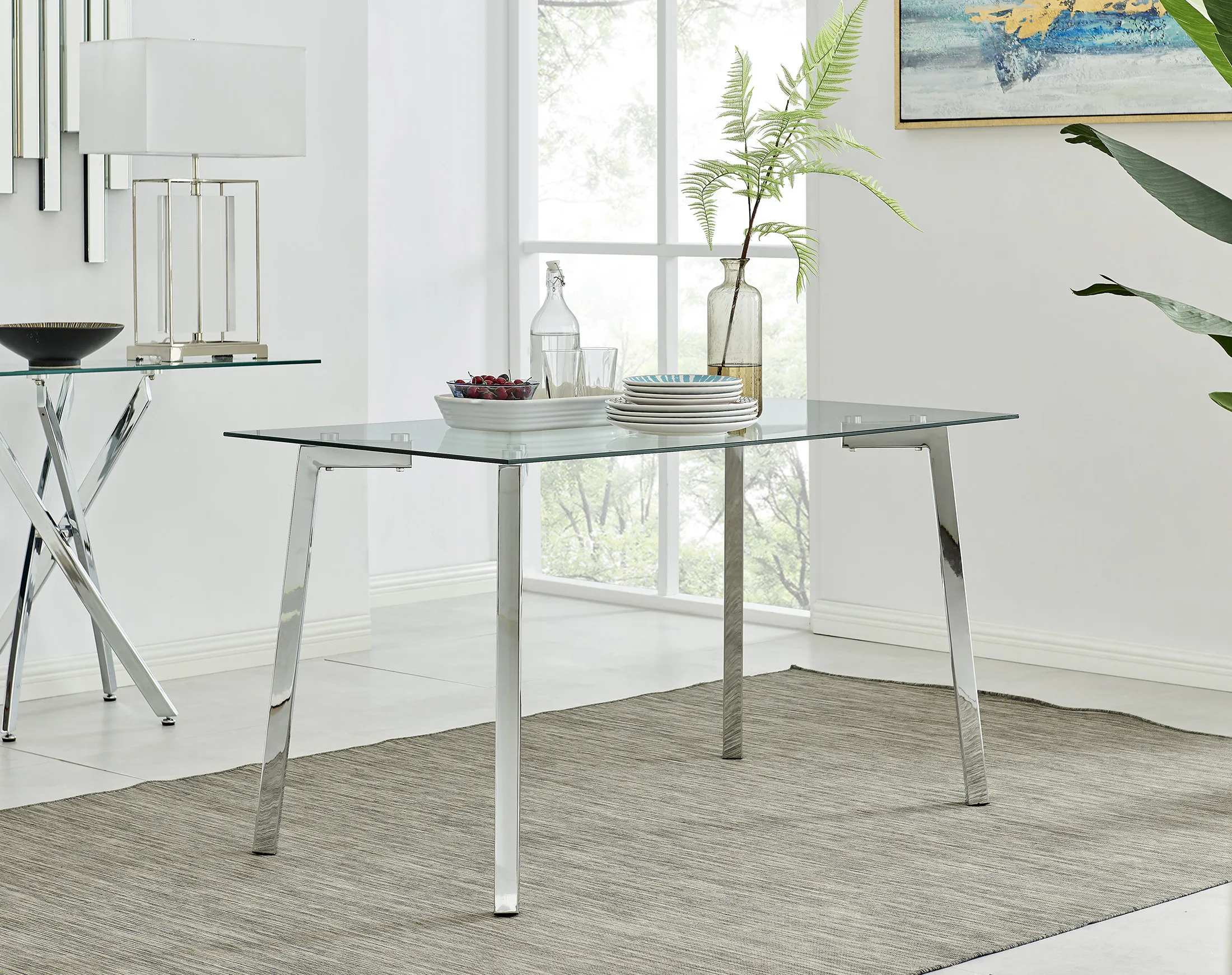 square glass dining table with chrome legs