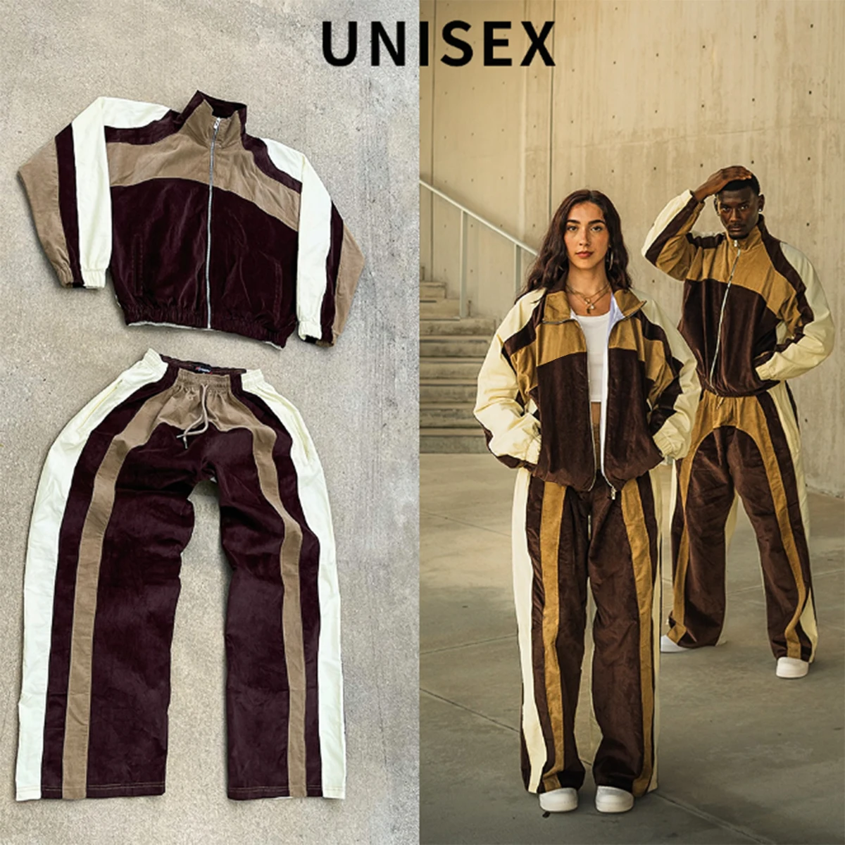 product mens sweatpants and hoodie set zip up custom design oversized streetwear color block patchwork corduroy running jacket tracksuit-1