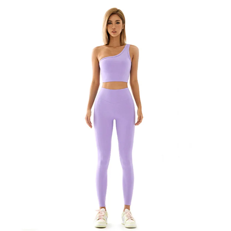 One Shoulder Athletic Yoga Wear Set Women's High Quality Compression Workout Legging And Bra Set