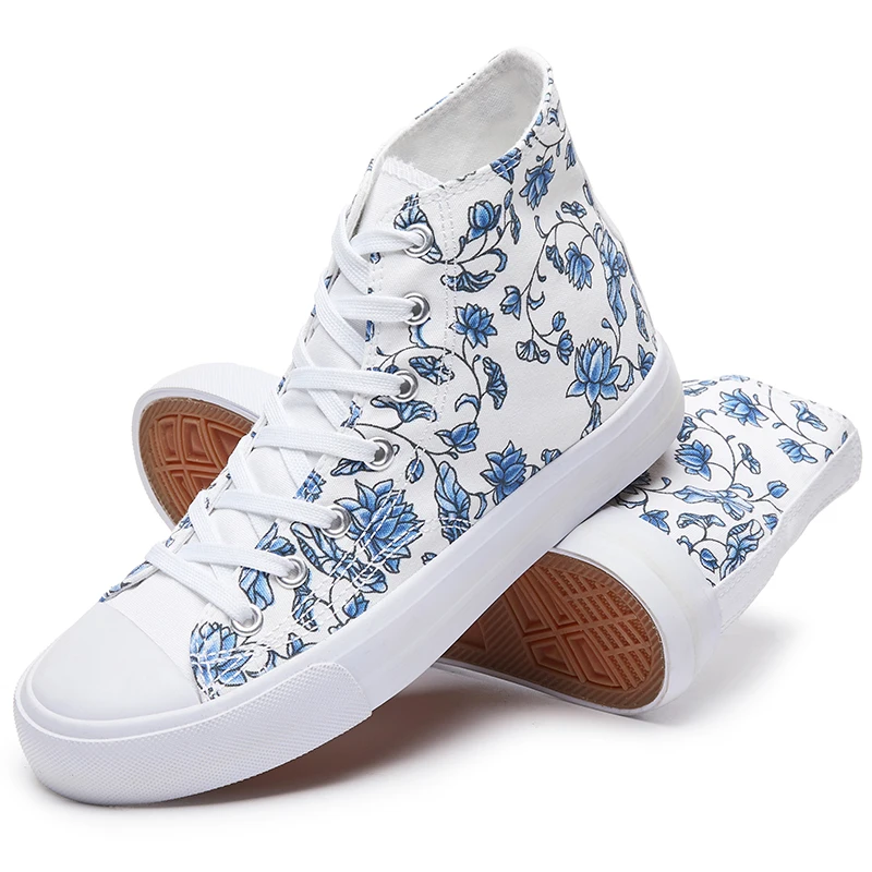 Wholesale Blue Flower Tongue Print High Top Casual Canvas Shoes White Canvas Sneakers For Unisex