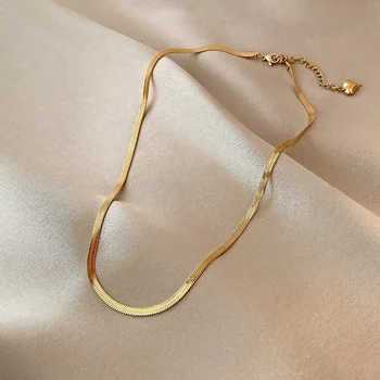 Trendy Design 18K Gold Plated Stainless Steel Snake Chain Necklace Women Flat Herringbone Snake Chain Necklace Custom Chain