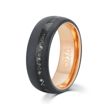 Poya Real 8mm Sandblasted Rose Gold And Black Tungsten Crushed Meteorite Ring For Men