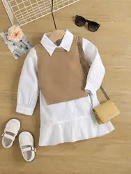 2023 Spring Girls Clothing Boutique Long-sleeved Ruffled T-Shirt Dress Blouse Knitted Vest 2pcs Baby Clothing Sets