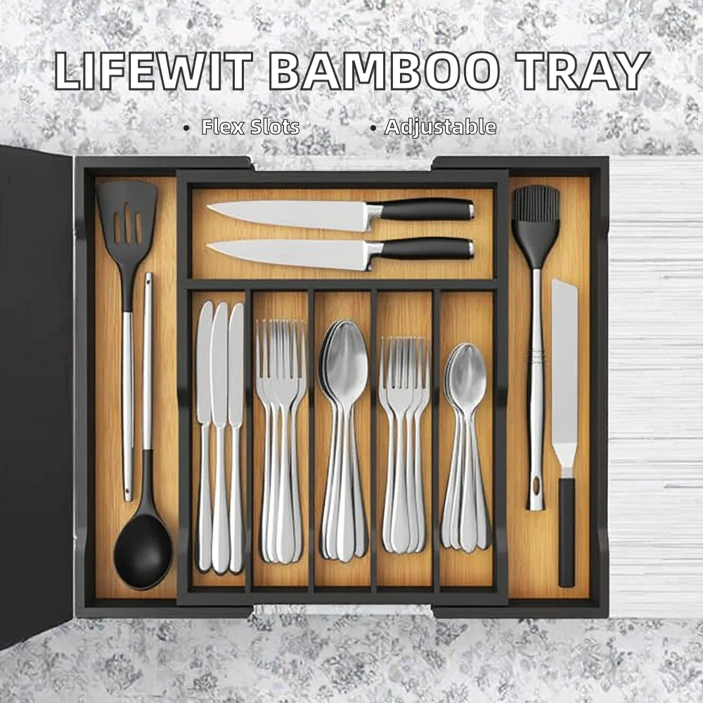 product new expandable bamboo kitchen drawer organizer adjustable utensil tray for silverware flatware cutlery storage-3
