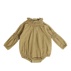 Lovely linen blend baby rompers ruffle neck elastic cuff infant bodysuit comfortable jumpsuit