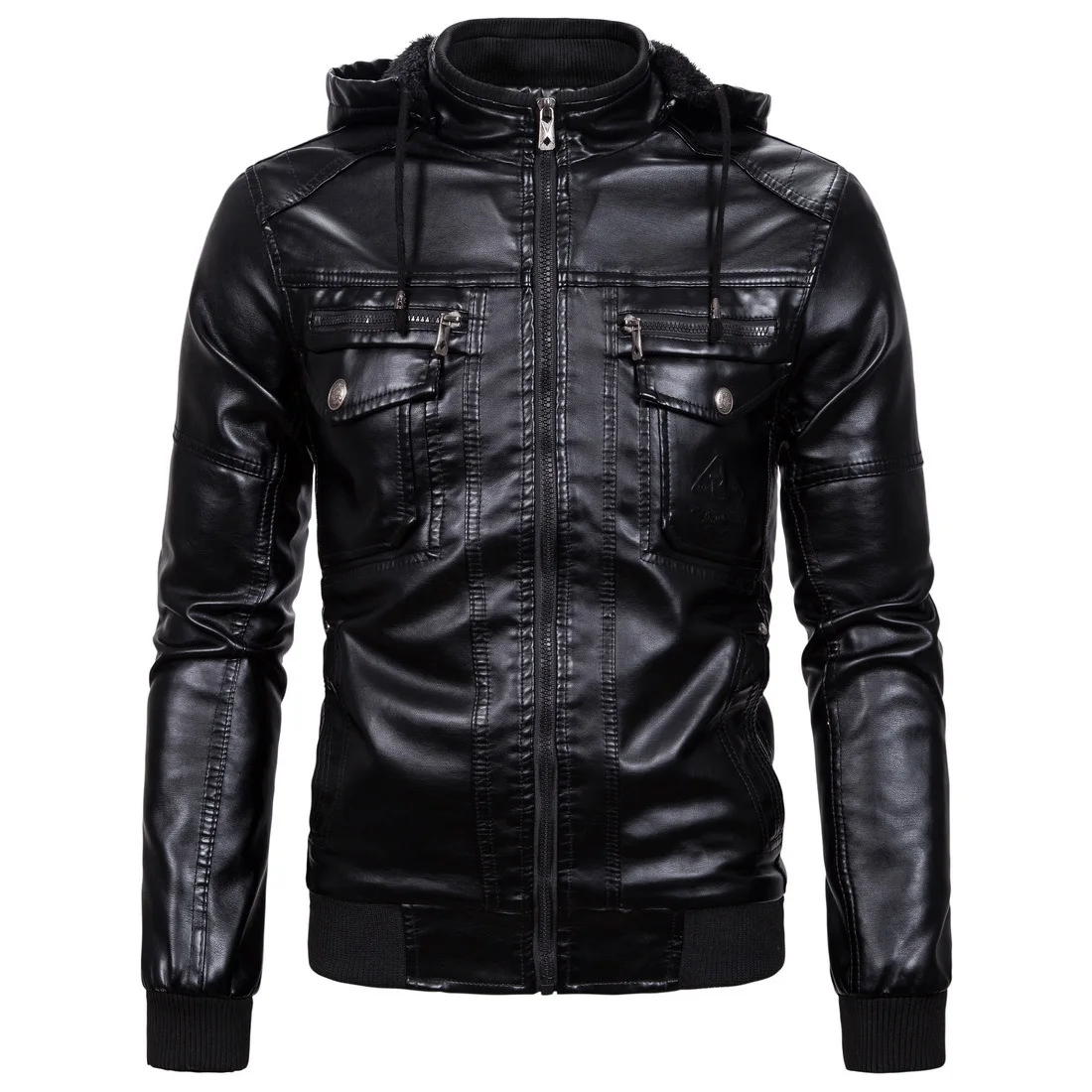 Men's Lapel Motorcycle Leather Jacket Multi-Pocket Casual Fit Leather Jacket Slim Fit Full Zip Long-Sleeve Leather Coat