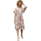Print Dress 2021 Summer Women's Crew Neck Print Short Sleeve Waist Lace Up Dress
