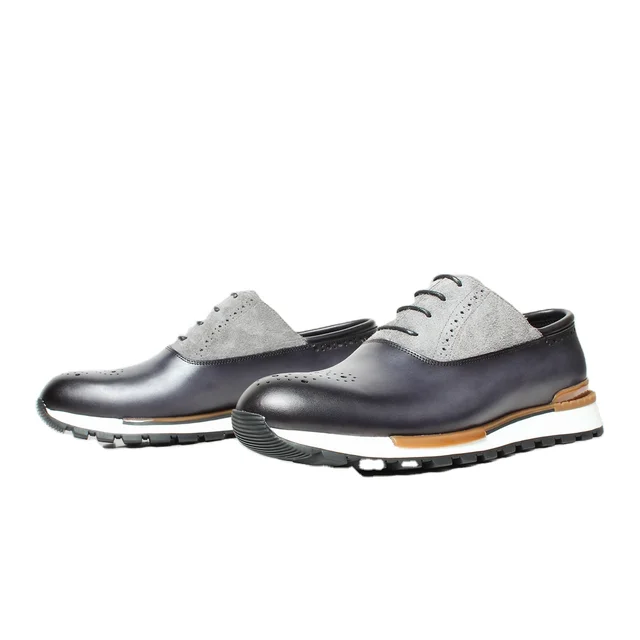GFMA Hand Made Factory Design Brand Grey Brogue Calf Skin & Suede Sneaker Italy Genuine Leather Shoes Casual Footwear