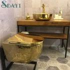 Ceramic Rimless Golden Color Wc Toilet Bowl Bathroom Gold Wall Hung Toilet