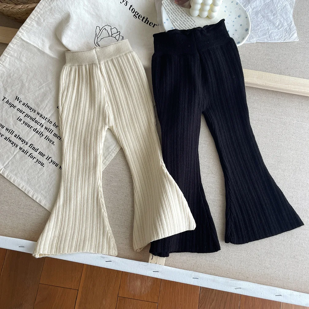 Children's Autumn New pure beige black knit Trouser Girls' Design solid Flared  Pants