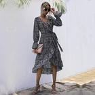 Long Chiffon Summer V-neck Floral Print Long Sleeve Elegant Chiffon Ladies Dress