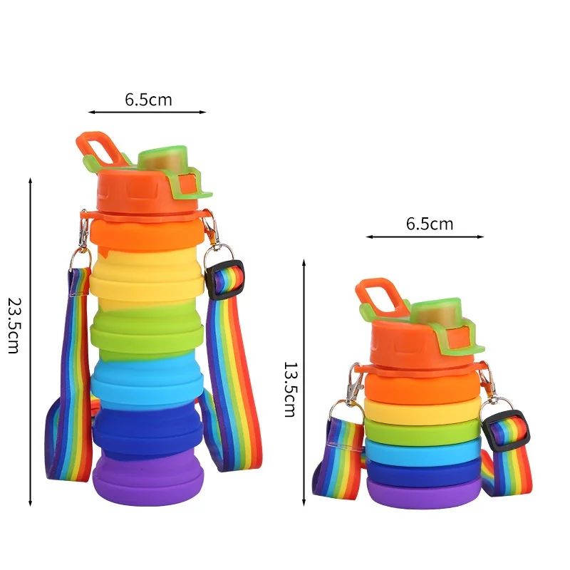 Rainbow Folding Silicone Cup Outdoor Sports Travel Kettle Water Bottles portable with handle