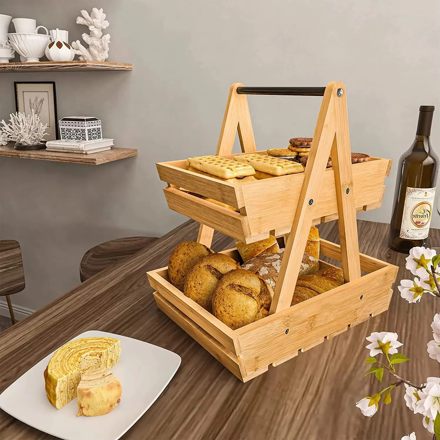 product bamboo 2 tier fruit basket with handle vegetable snack storage rack rustic farmhouse fruit bowl for kitchen counter dining table-9
