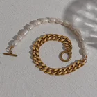 Pearl Necklace Designer OT Clasp Freshwater Pearl Chunky Cuban Chain Mixed Stainless Steel Necklace