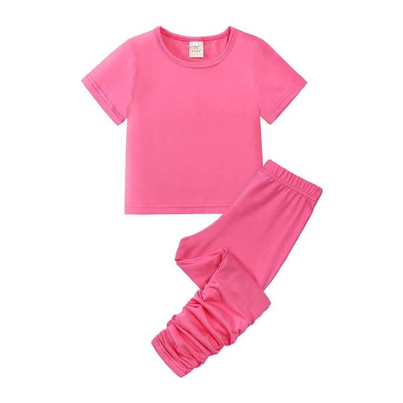 Trendy fashion candy-color short sleeve t-shirt stacked leggings set 2023 summer toddler kids girls outfits