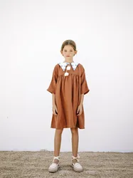 2022 spring/summer/autumn  new fashion  dress plain long-sleeved  A-line cotton linen dresses