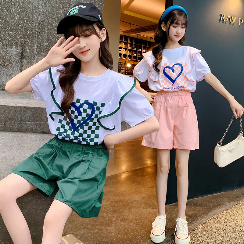 2023 Summer Suit For Girls Clothing Sets Fashion Baby Short Sleeve T-shirt Loose Shorts 2 Pieces Girls Baby Clothing Sets 4-12T