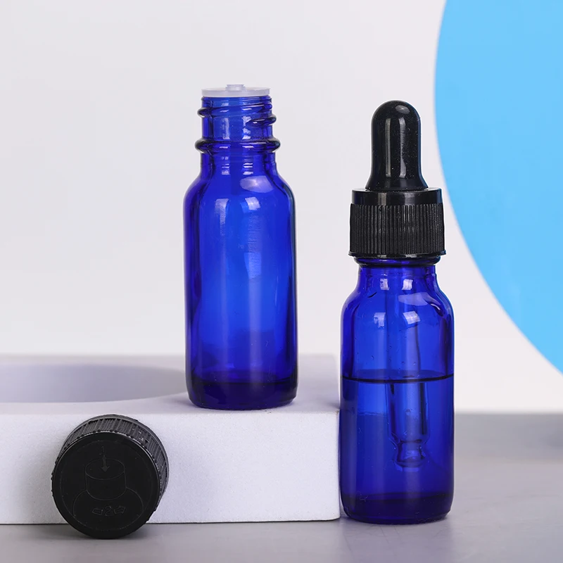 Wholesale 1/2 Ounce 1/2oz Empty Skincare Cobalt Blue Color Boston Rounded Glass Bottle 15ml Dropper For Oil