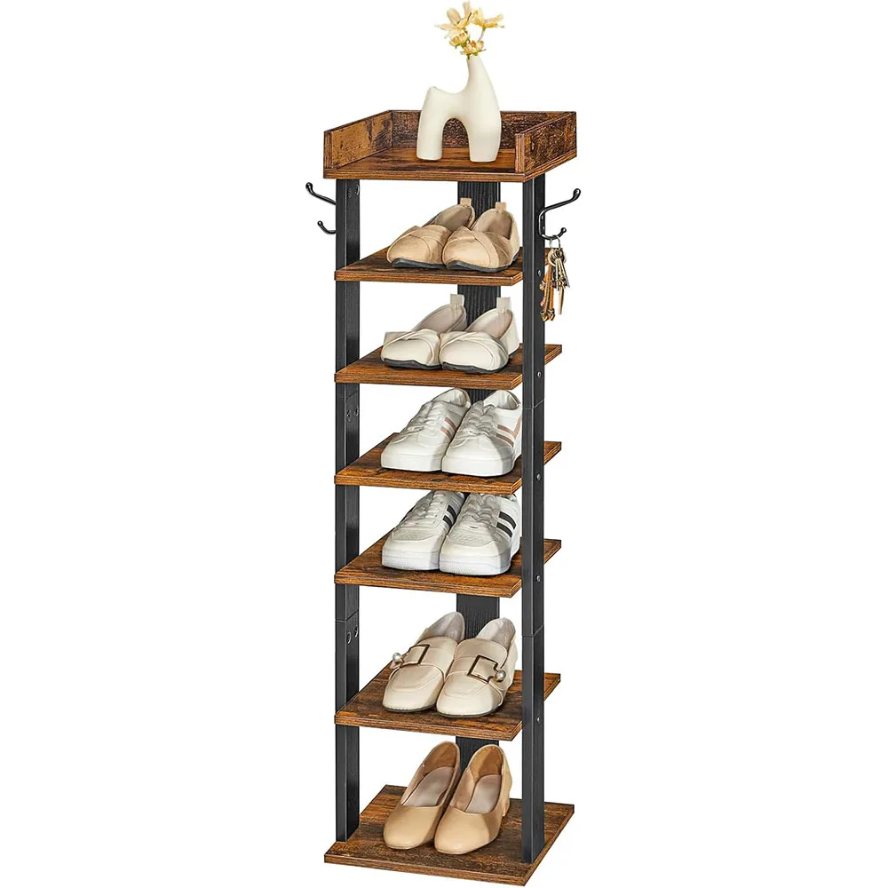 7 Tier Rustic Brown Wooden Vertical Shoe Rack Modern Design Narrow Space-Saving Shoe Tower for Bedroom & Living Room details