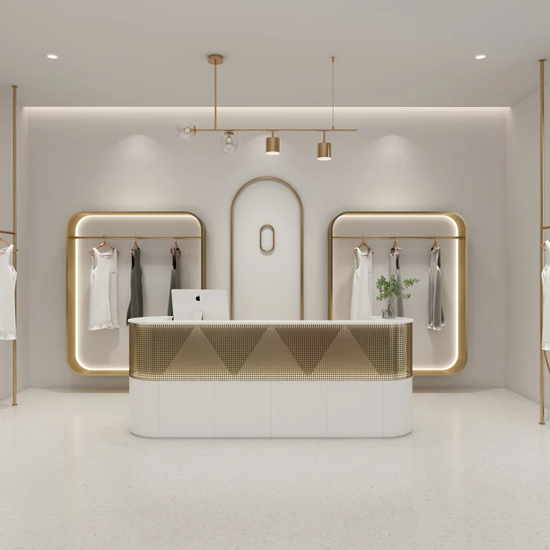 white and gold reception desk