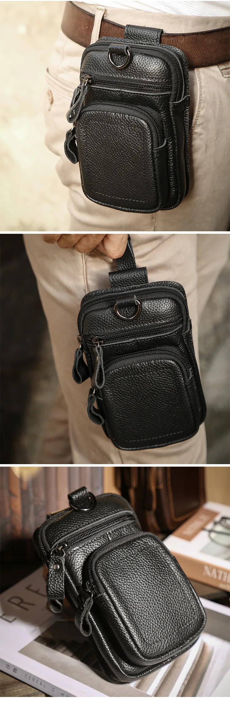 Custom Luxury Cowhide Fanny Small Simple Men's Bag Genuine Leather Mobile Phone Belt Waist Bag