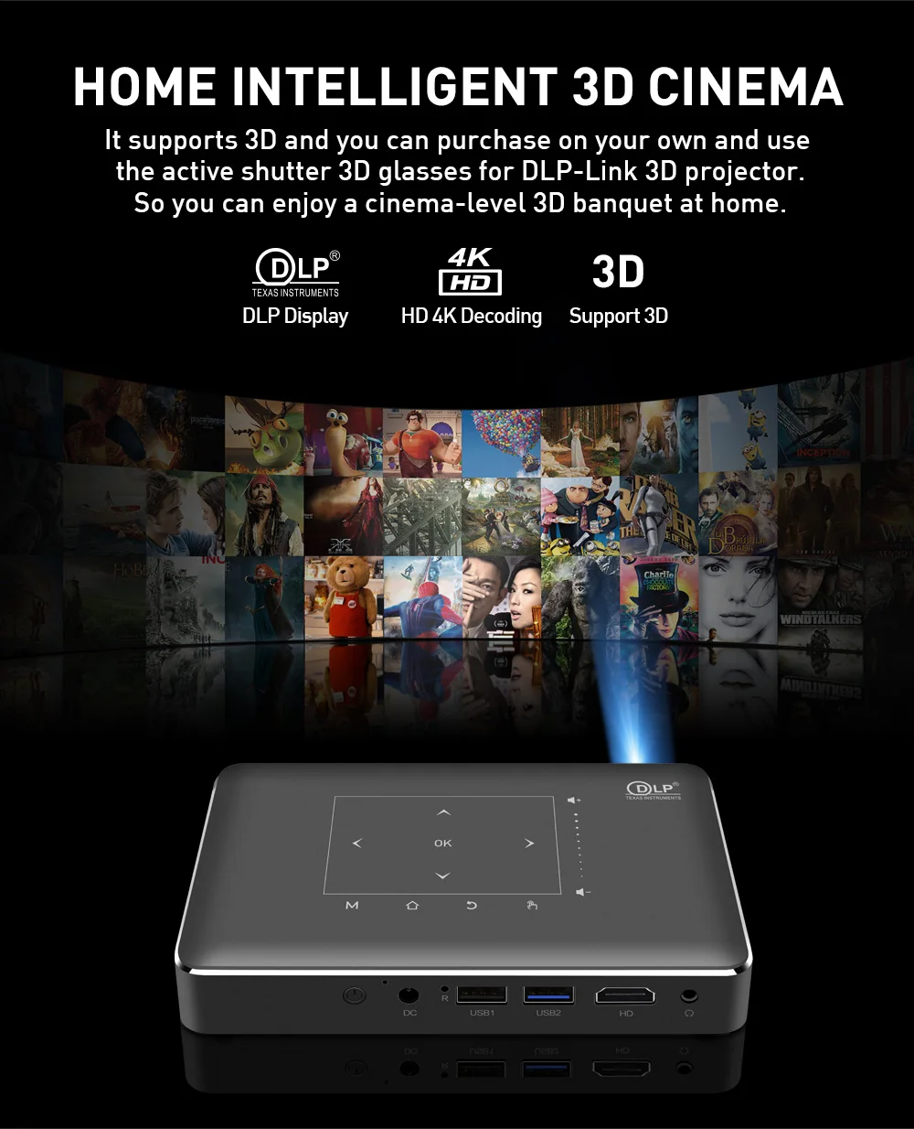 Venta caliente de Flyin P10-II Logotipo personalizado Mini 3D 4K 150 Lumens DLP 9000mAh Proyector Android 9.0 8