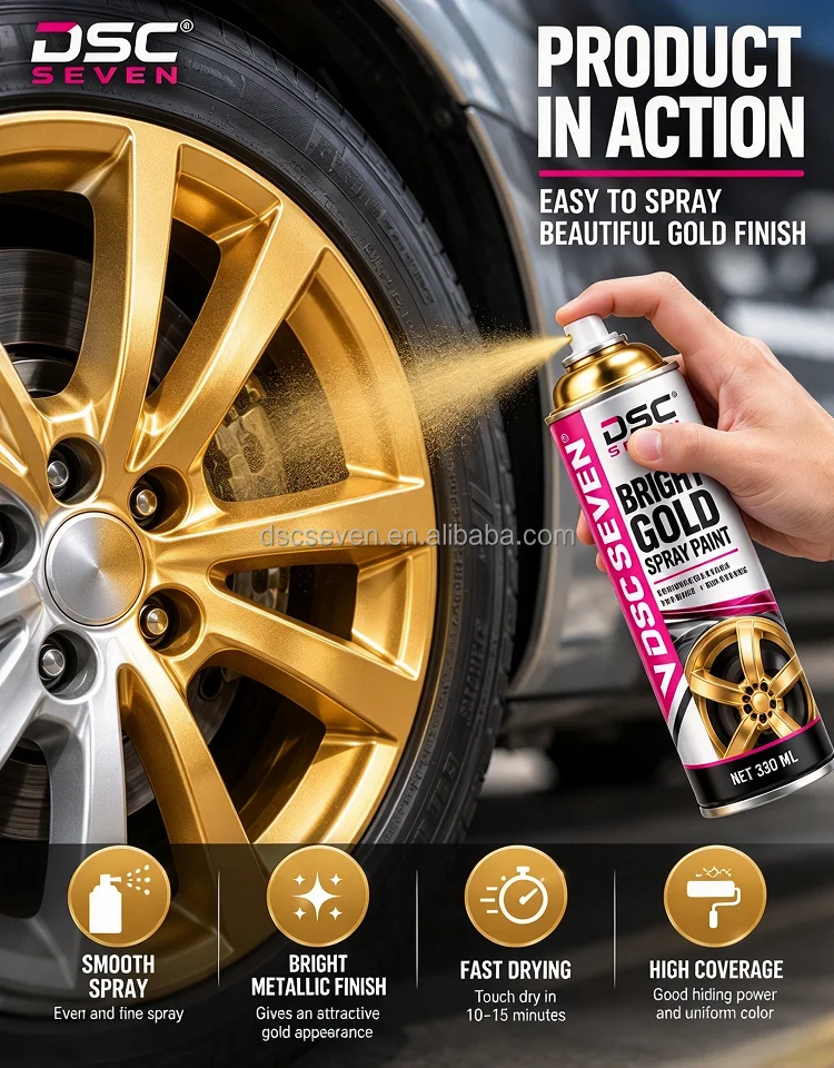 Bright Gold Metallic Aerosol Spray Paint Quick Dry High Coverage Gloss Finish 330ml Can for Metal Wood Plastic Refinish Heb1dd4258dfb4d359db72d7228ebf2b8p