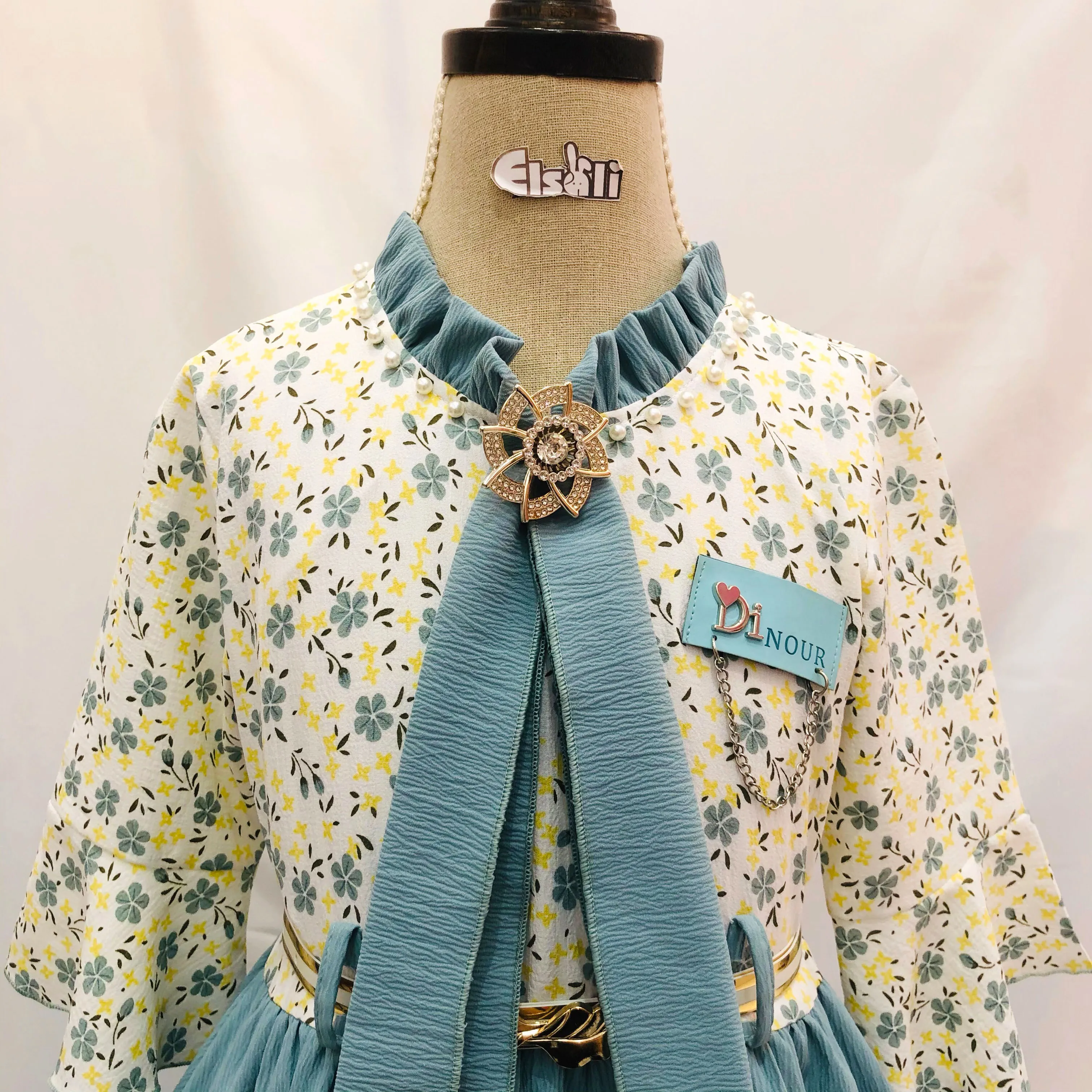 Elsali Eid al-Fitr Dresses For Girls Flounce Pearl Neckline Baby Girl Dress With Belt Pleated Edge Flower Muslim Girl Dress