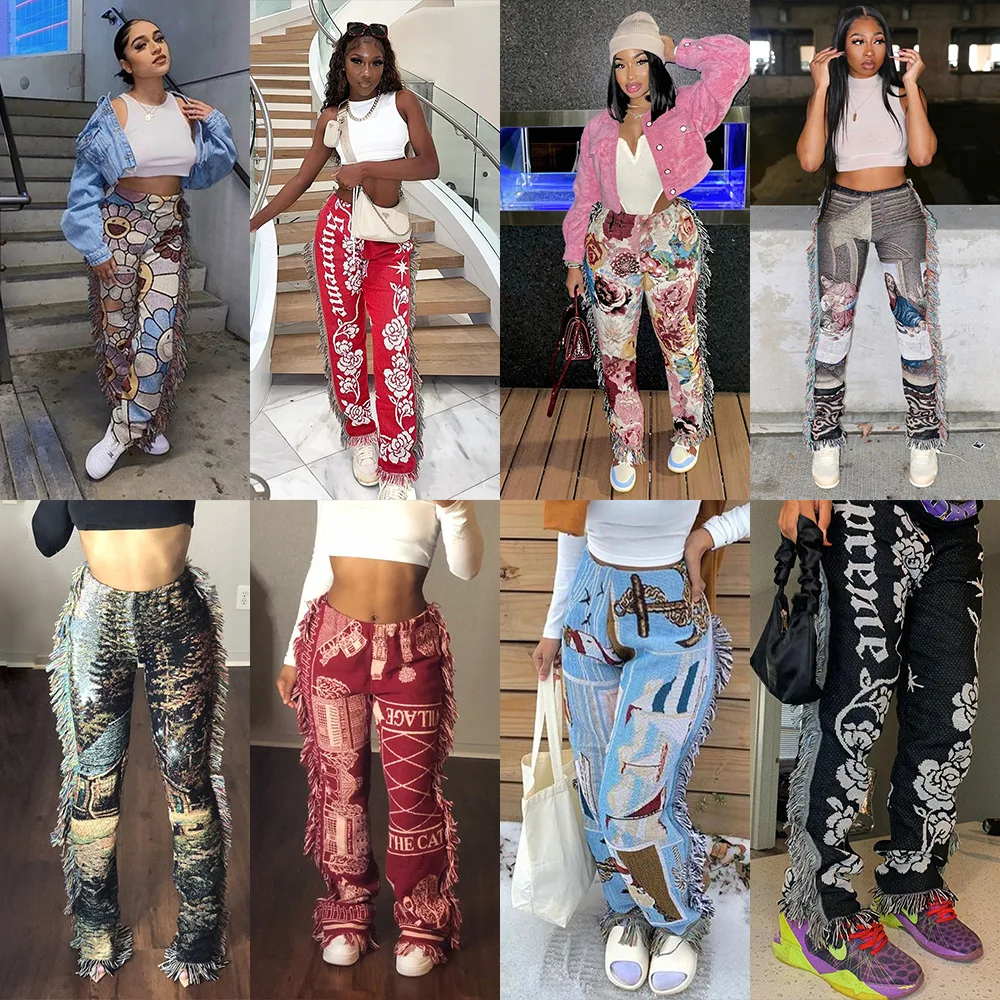 C83-1 new products 2021 unique hip hop streetwear personalized fringe trousers joggers pants printed women sweatpants